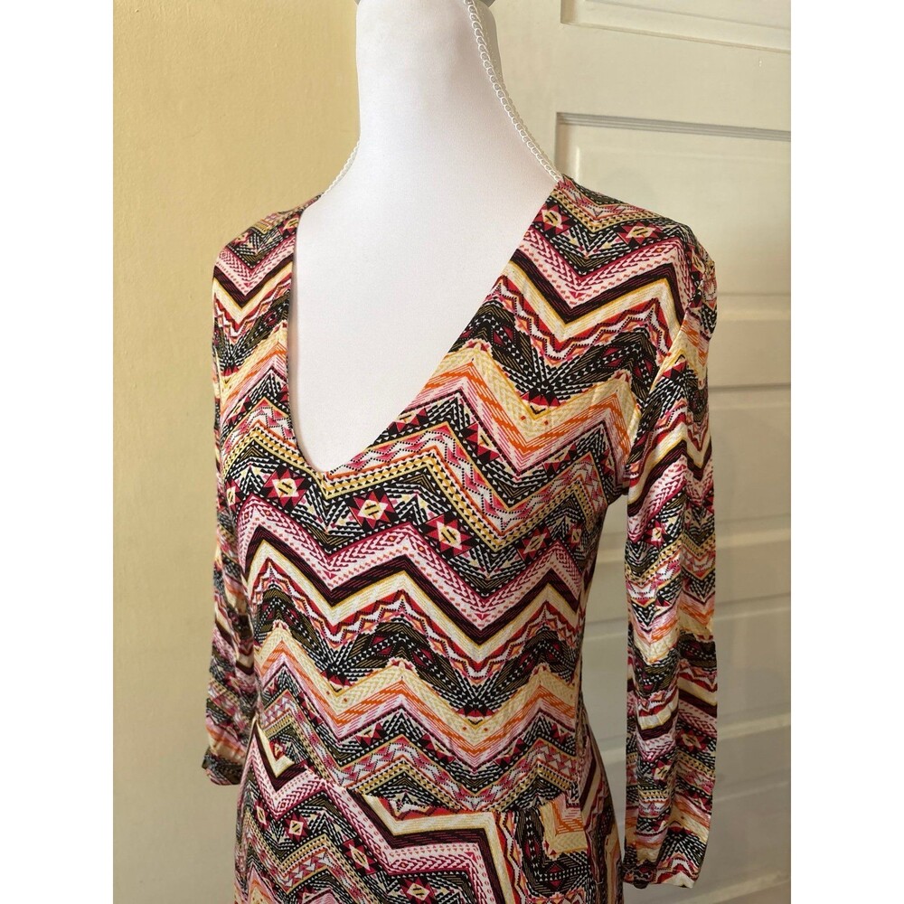 Womens maxi dress vneck long sleeve zigzag pink black stripes whimsical hippy